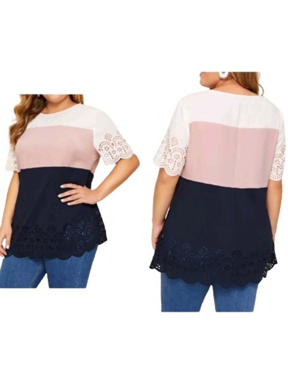 SHEIN Multicolor Color-Block Blouse Laser-Cut Print White Pink Blue
